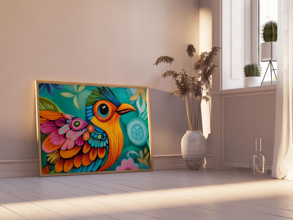 Ember Orange Bird Big Soulful Eye Patterned Wing Teal Garden Art Print - Image 2