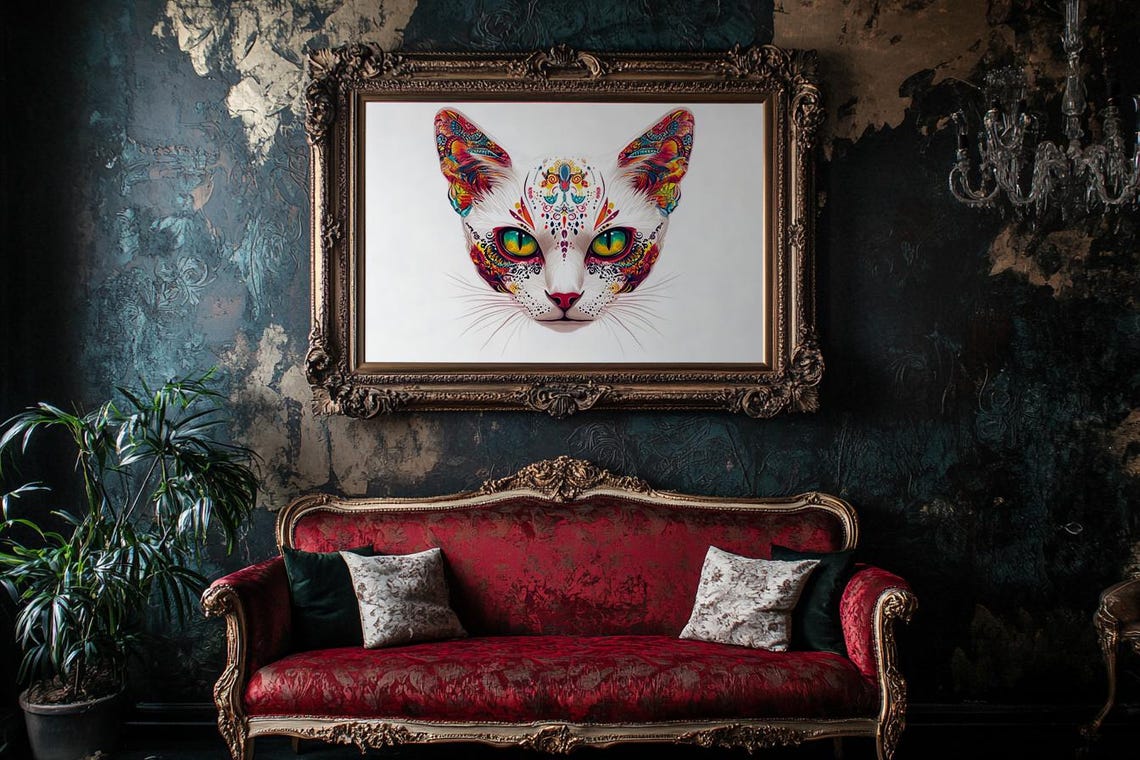 White Cat With Green Eyes Sugar Skull Floral Patterns Poster