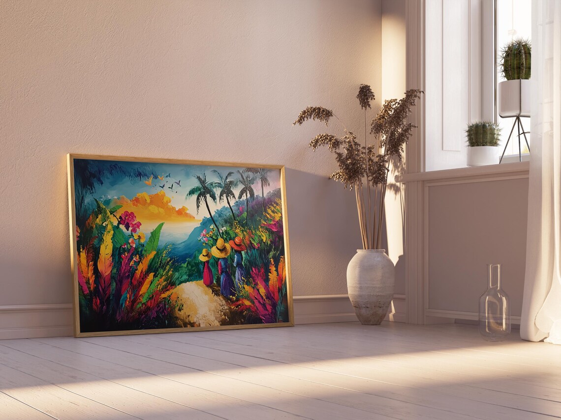 Tropical Jungle Walk Painting Women Palm Trees Ocean View Wall Art Print - Image 2