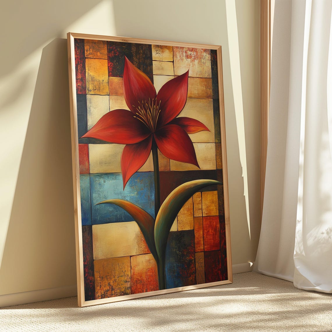 Crimson Lily Bloom Patchwork Tile Background Bold Floral Art Poster - Image 5