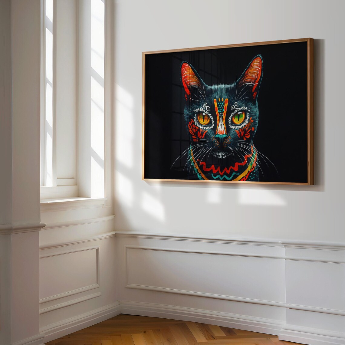 Black Cat Sugar Skull Face Paint Amber Eyes Mexican Folk Art Cat Poster - Image 3