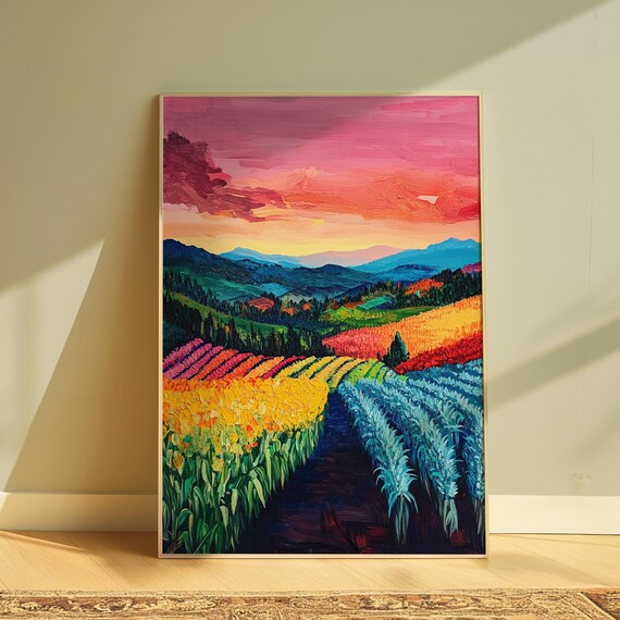 Colorful Crop Rows Pink Sunset Sky Blue Mountains Flower Field Landscape Poster