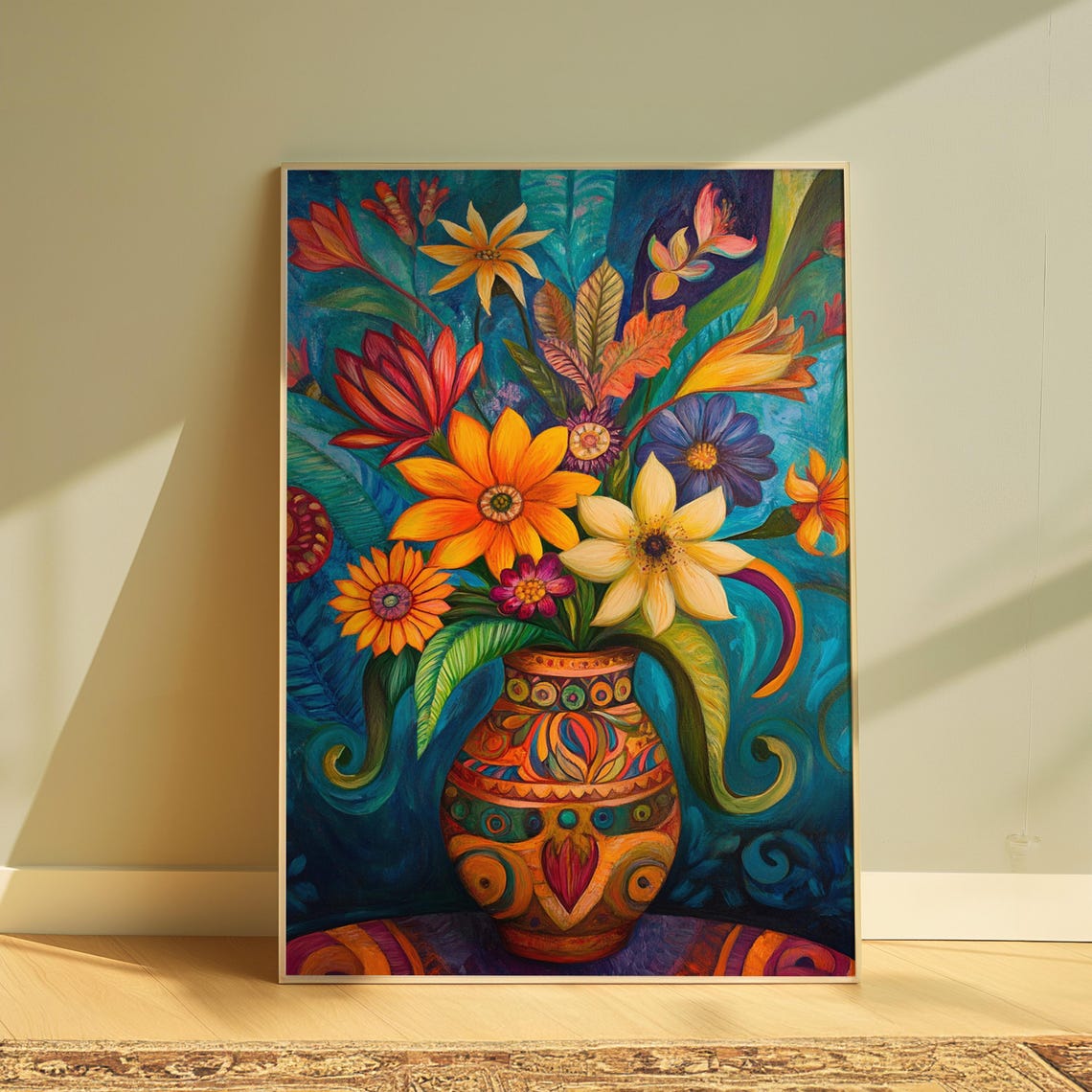 Stylized Tropical Lily Bouquet Patterned Orange Vase Teal Folk Poster