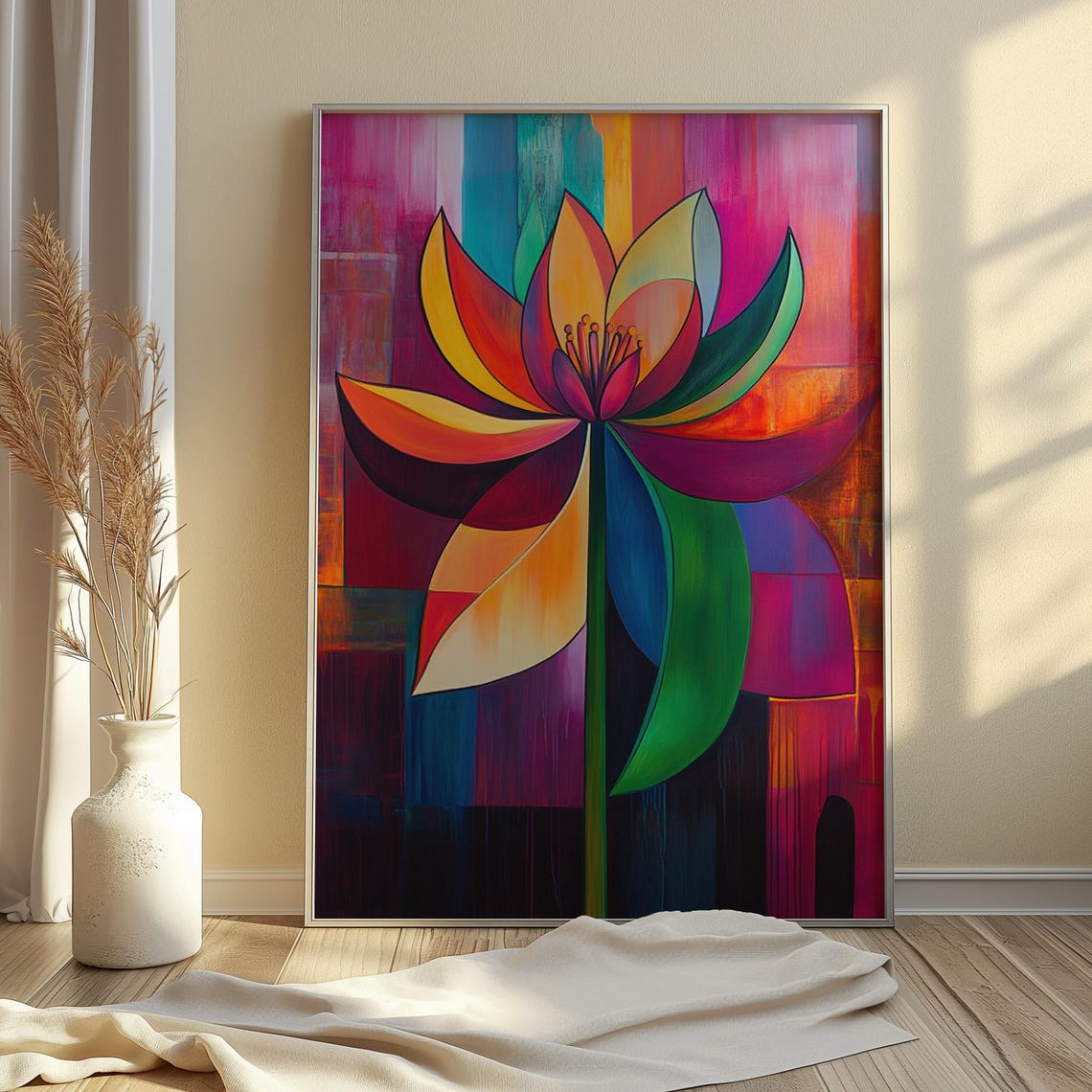 Rainbow Lotus Bloom Bold Colorful Abstract Modern Floral Art Poster - Image 4