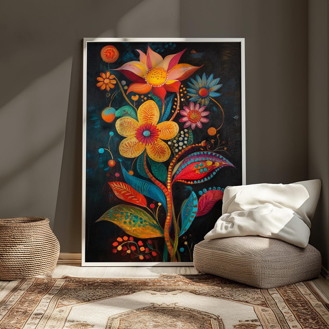 Whimsical Orange Pink Flowers Black Background Folk Floral Poster - Image 3