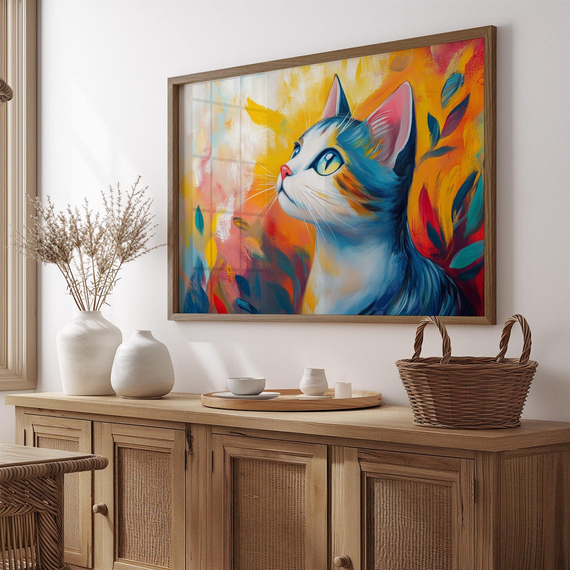 Blue Tabby Cat Looking Up Sunrise Abstract Painterly Dreamy Art Poster