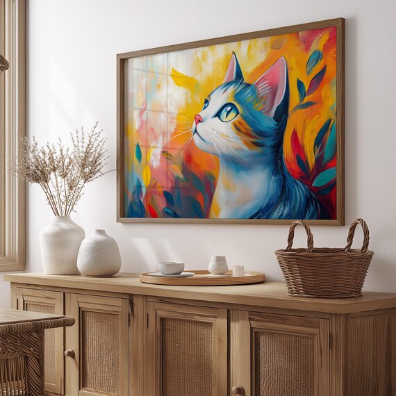 Blue Tabby Cat Looking Up Sunrise Abstract Painterly Dreamy Art Poster
