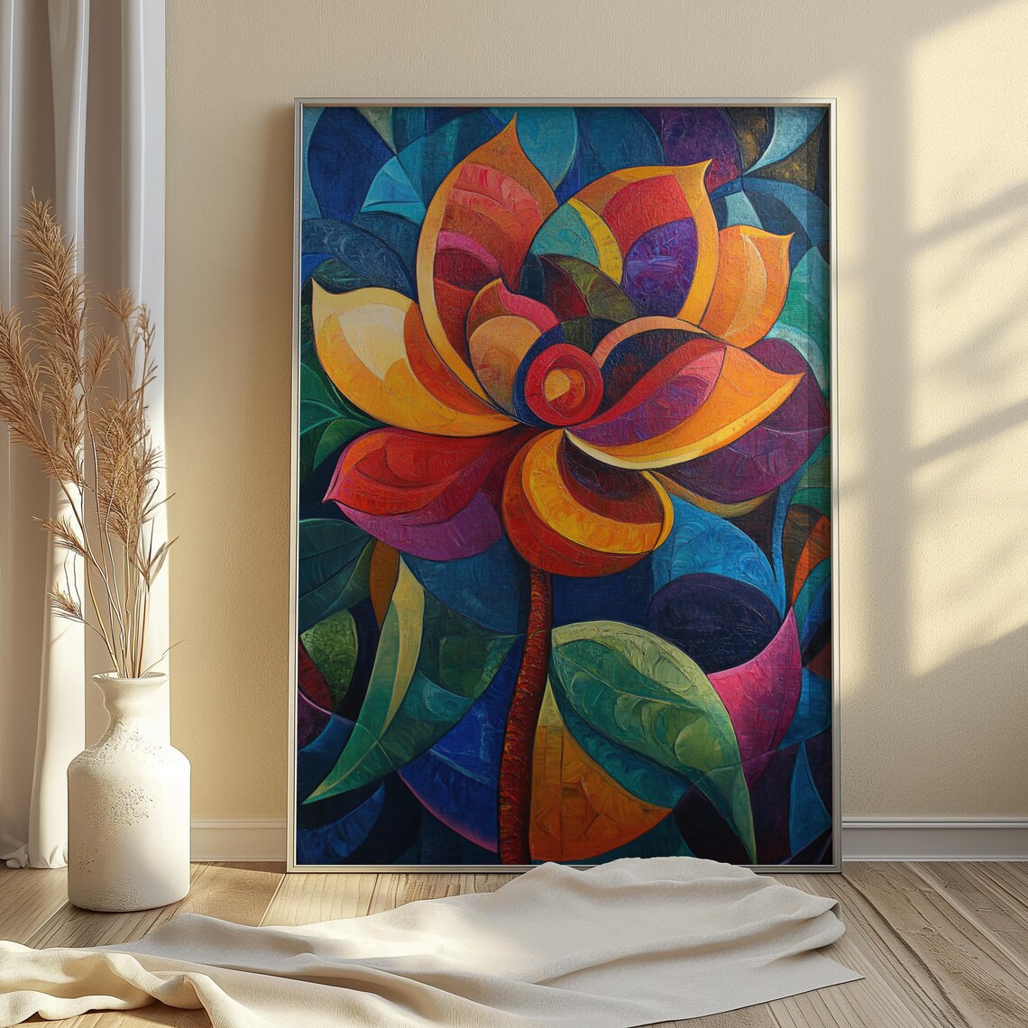 Sunset Dahlia Dark Blue Leaves Stained Glass Floral Art Poster - Image 4