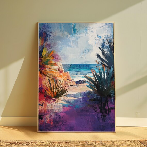 Abstract Coastal Cove Agave Plants Turquoise Sea Ocean Art Print