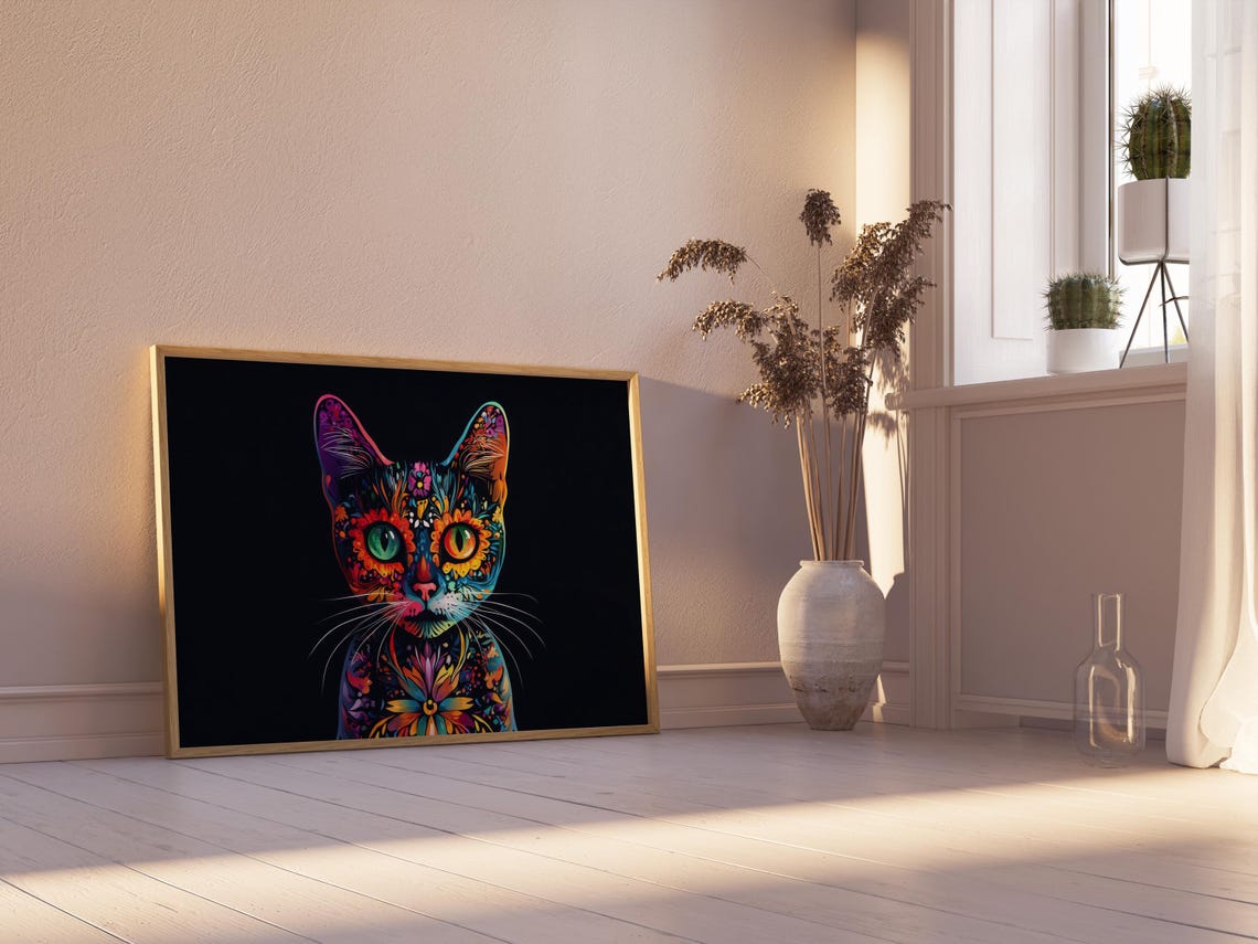 Rainbow Psychedelic Black Cat Bust Colorful Floral Whimsical Wall Art - Image 2