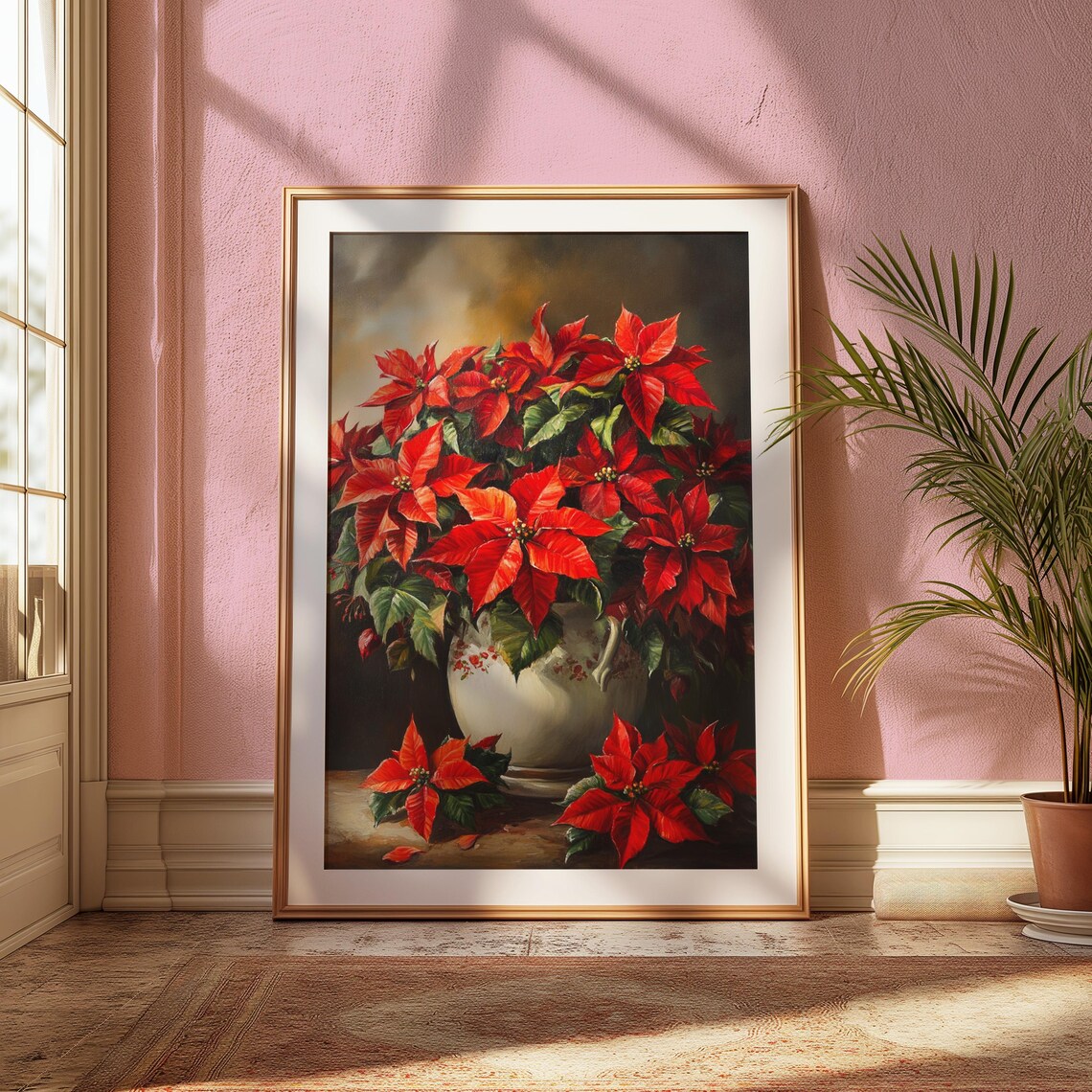 Red Poinsettia White Floral Pitcher Jug Christmas Still Life Poster - Image 2