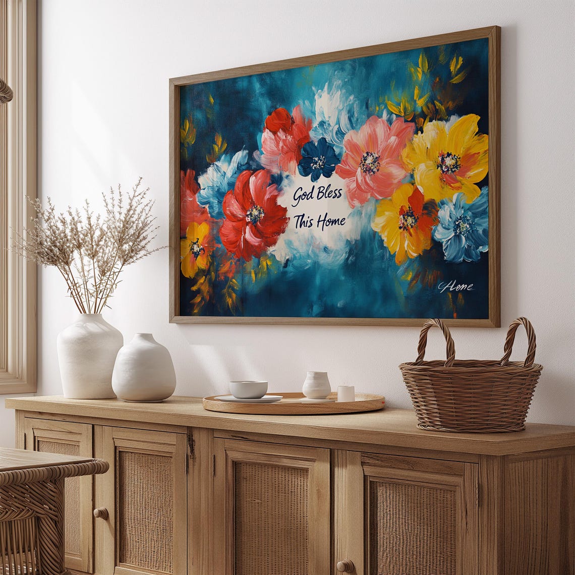 God Bless This Home Red Blossom Deep Teal Floral Quote Poster