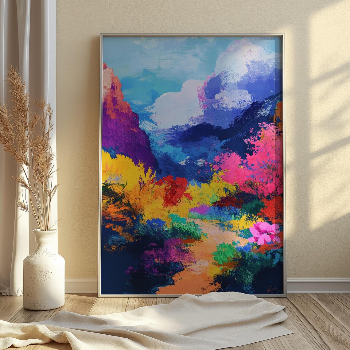 Dramatic Colorful Canyon Purple Cliffs Pink Bushes Cloudy Turquoise Sky Poster - Image 4