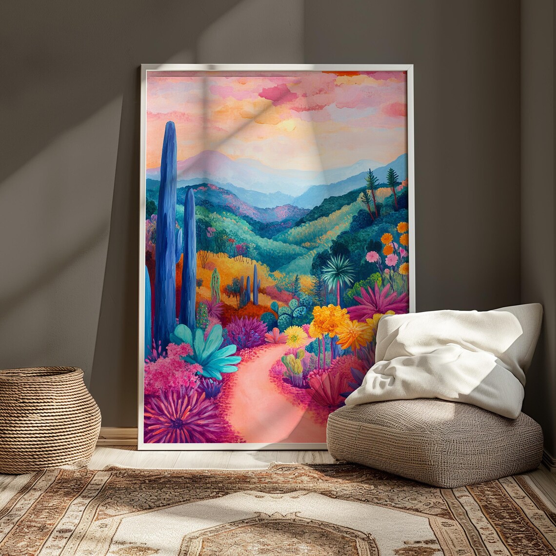 Whimsical Desert Bloom Pink Path Tall Blue Cacti Green Hills Rosy Sky Poster - Image 3