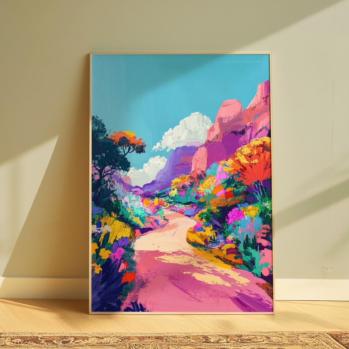 Colorful Canyon Path Pink Cliffs Bright Blooms Turquoise Sky Scenic Landscape Poster