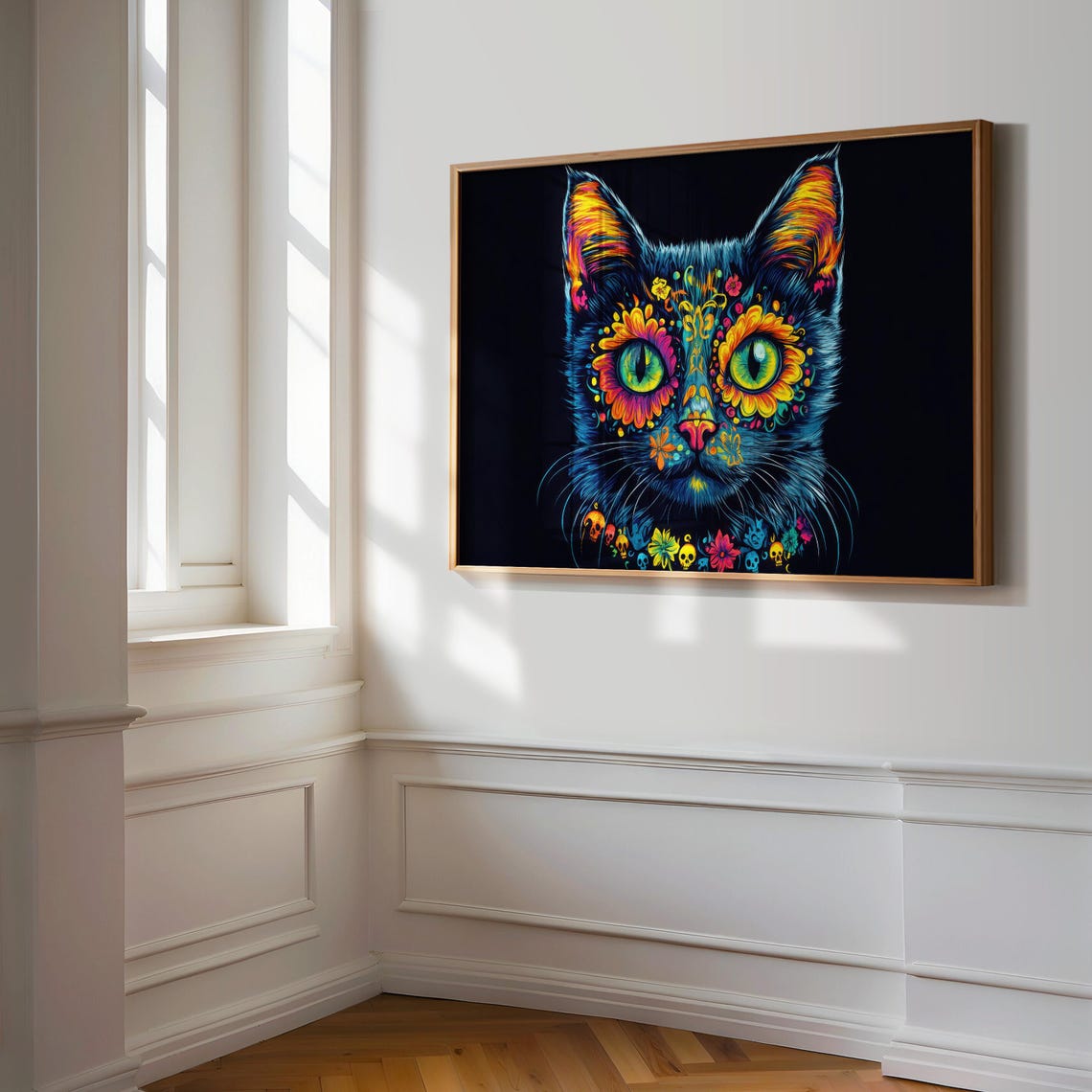 Black Cat Marigold Eye Rings Green Eyes Sugar Skull Charm Wall Art - Image 3