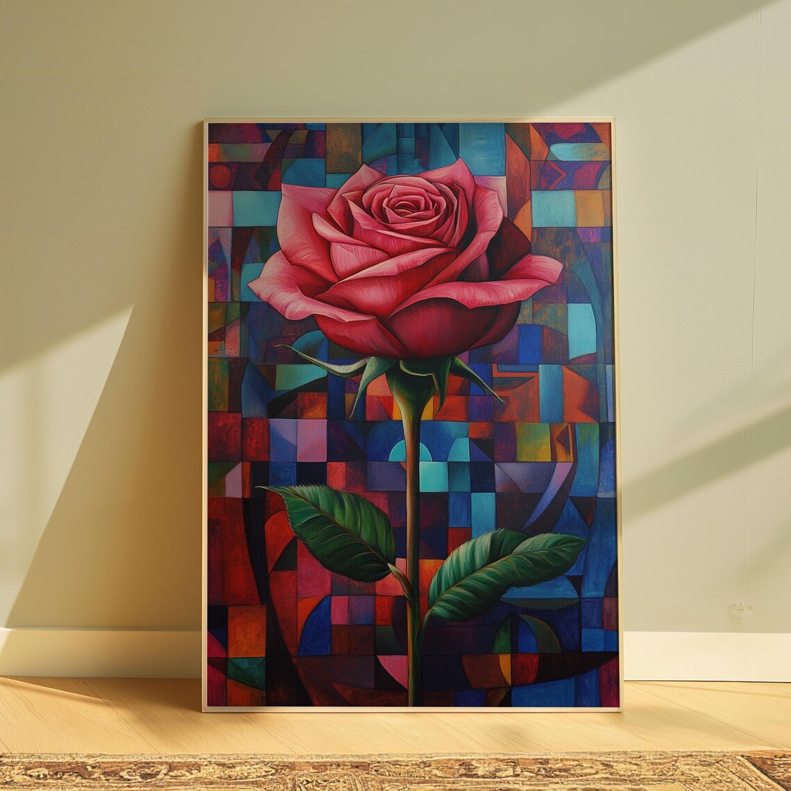 Pink Red Rose Cubist Mosaic Blue Red Modern Garden Floral Poster