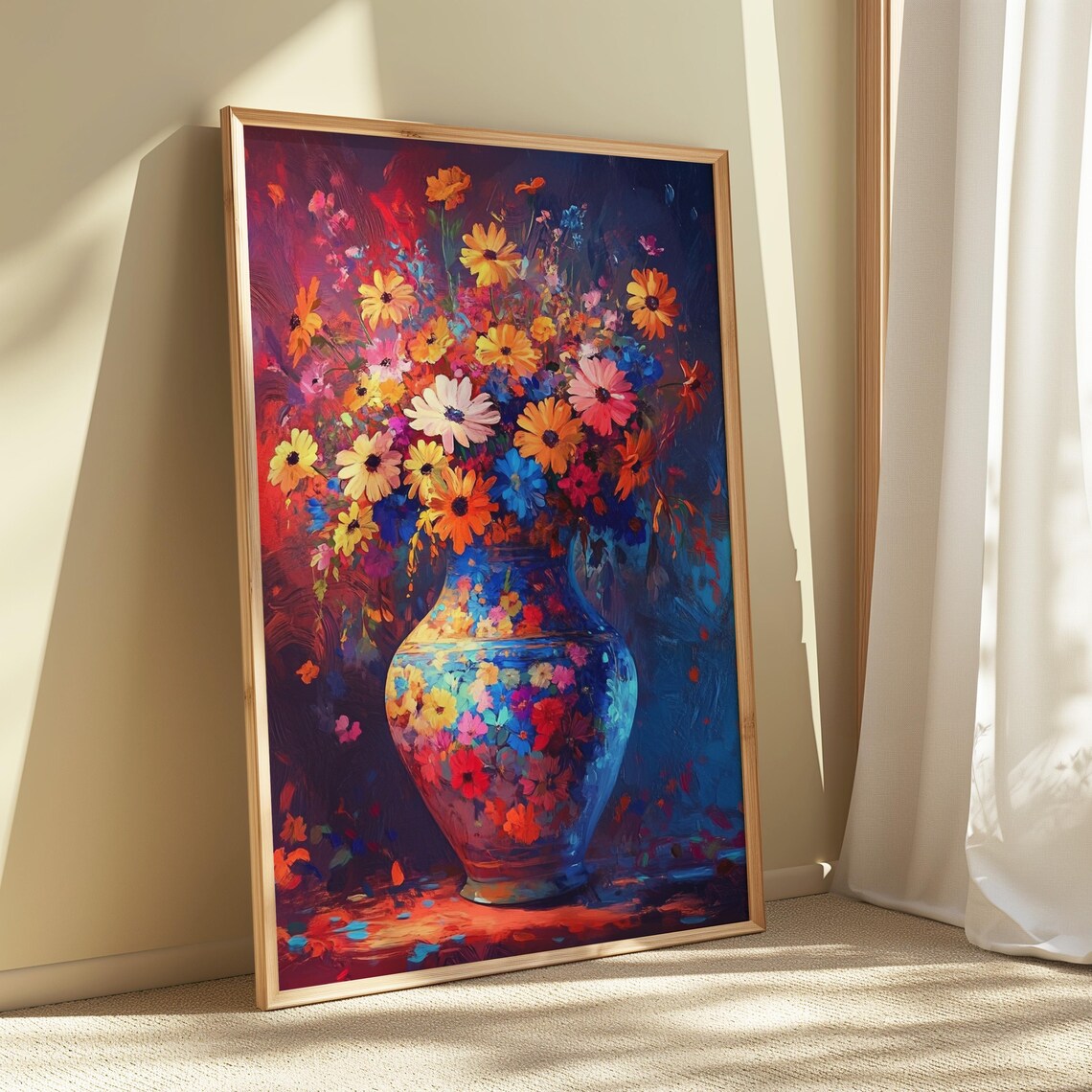 Impressionistic Daisy Bouquet in Painted Blue Vase Dark Floral Poster - Image 5