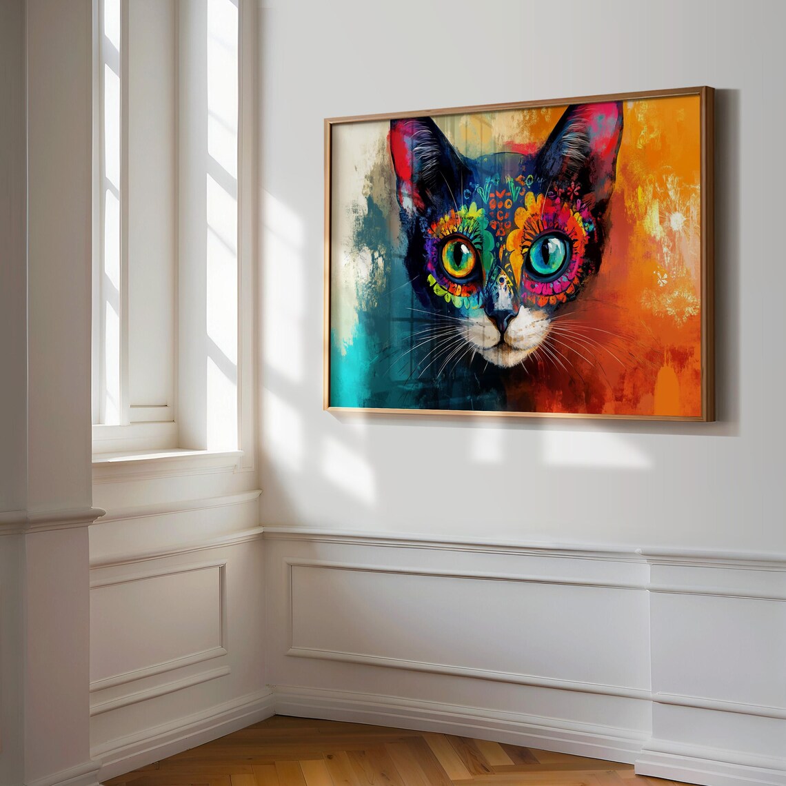 Mexican Folk Art Cat Portrait Mismatched Eyes Teal Orange Canvas Poster - Image 3