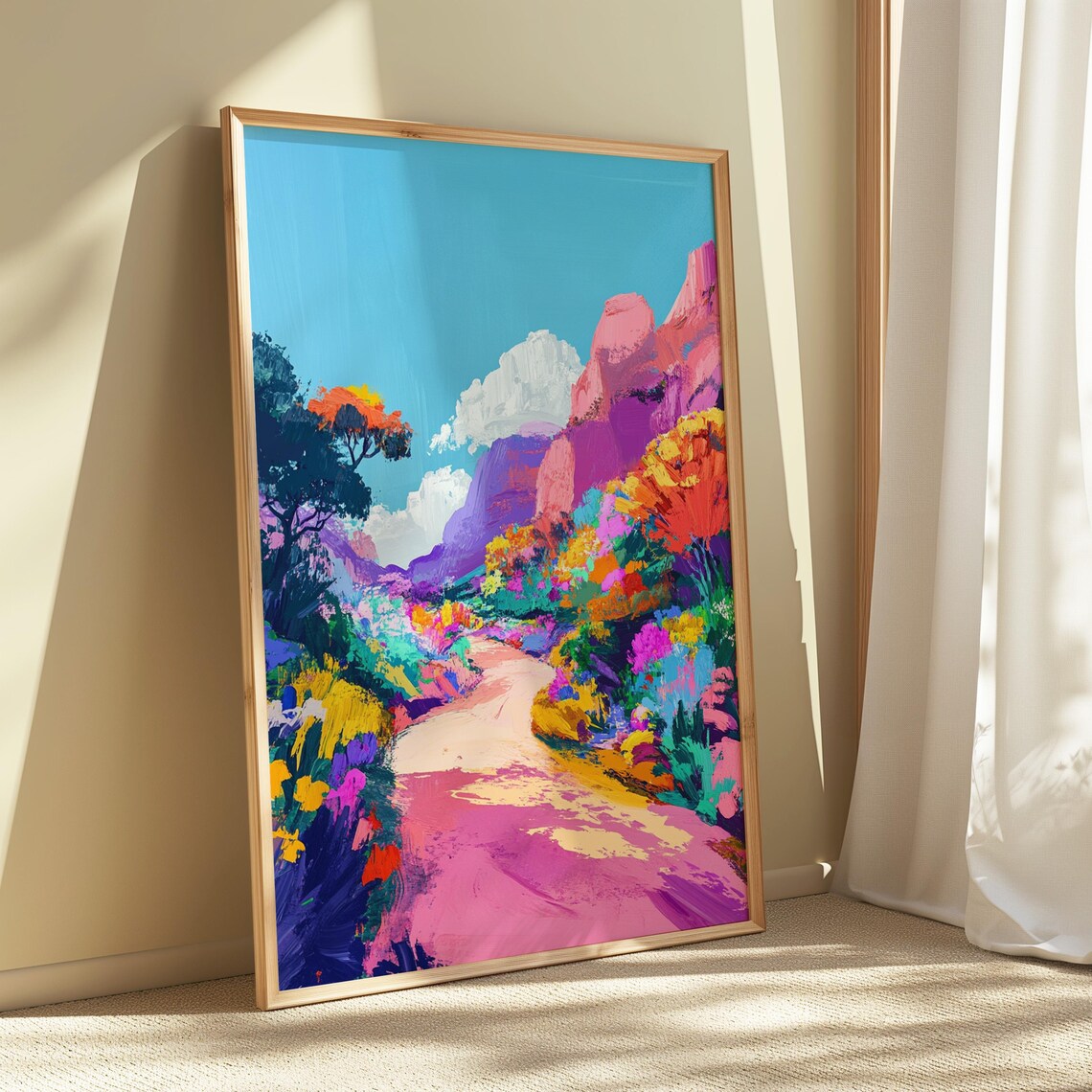 Colorful Canyon Path Pink Cliffs Bright Blooms Turquoise Sky Scenic Landscape Poster - Image 5