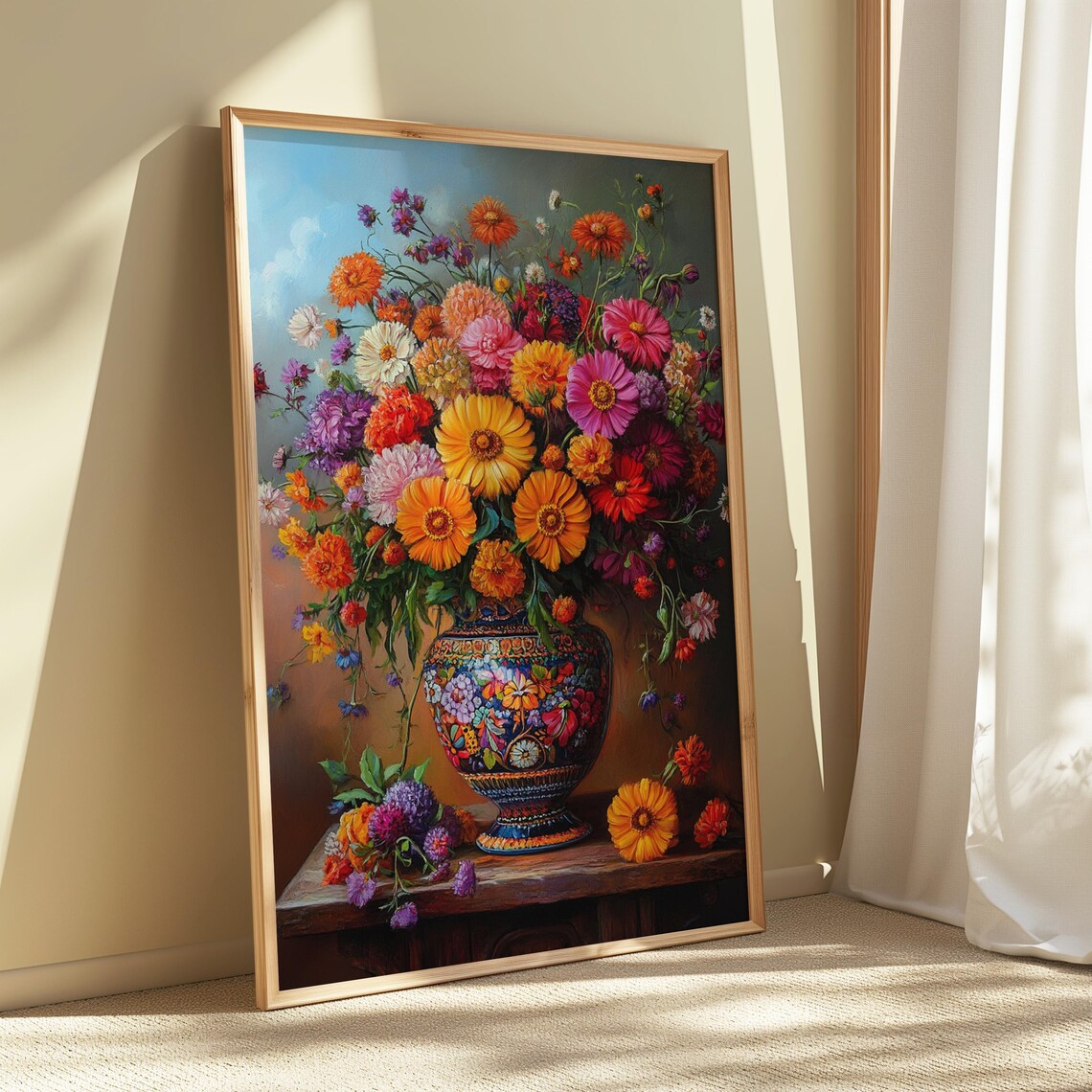 Mexican Folk Art Colorful Wildflower Bouquet In Ornate Vase Wall Print - Image 5