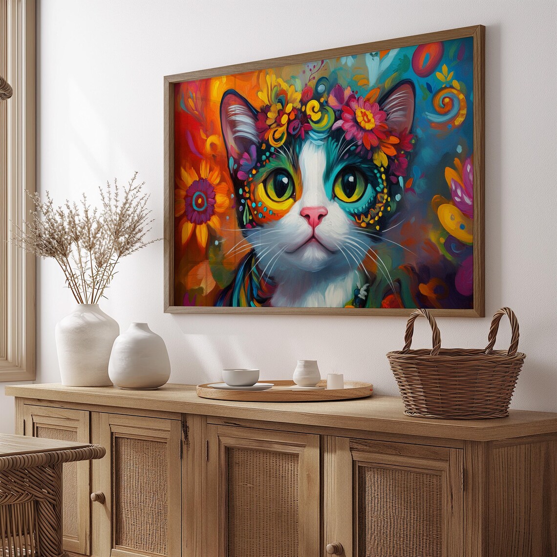 Kitten With Flower Crown Big Green Eyes Vibrant Fiesta Folk Art Poster