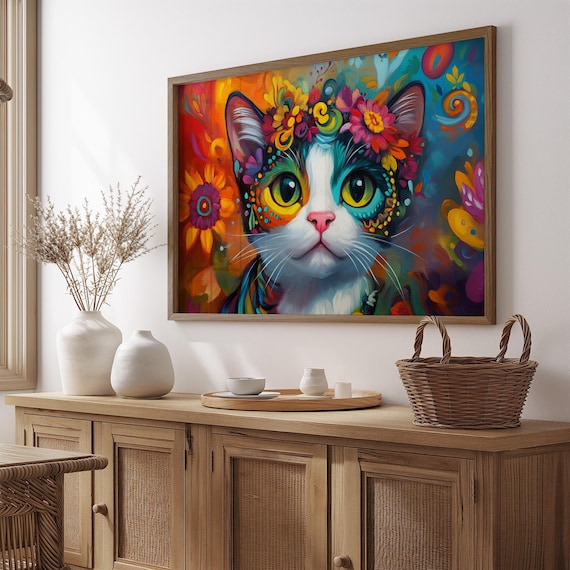 Kitten With Flower Crown Big Green Eyes Vibrant Fiesta Folk Art Poster