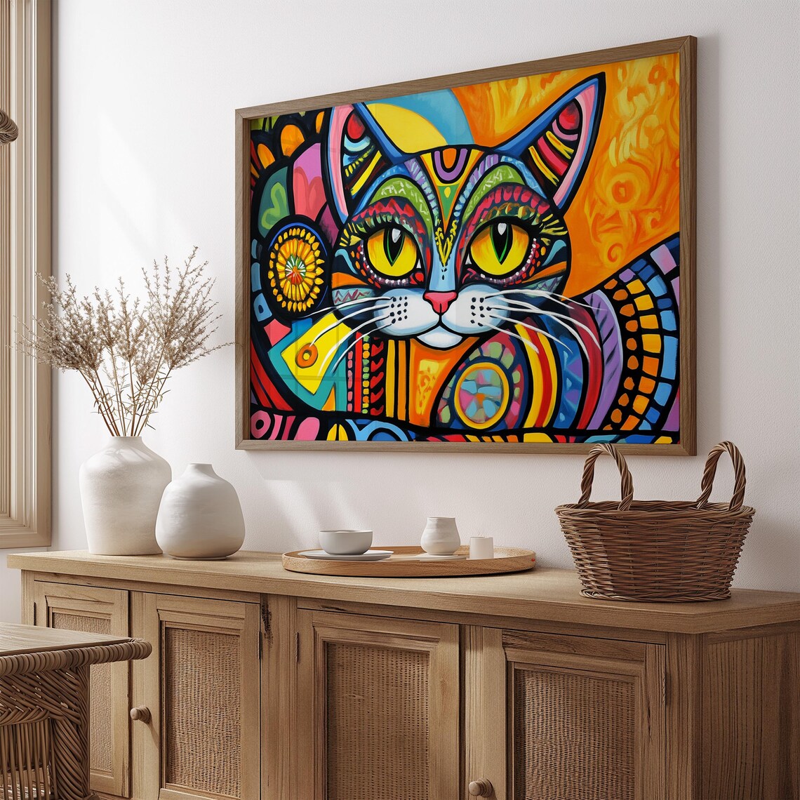 Stained Glass Mosaic Style Cat Face Geometric Sunset Art Colorful Poster