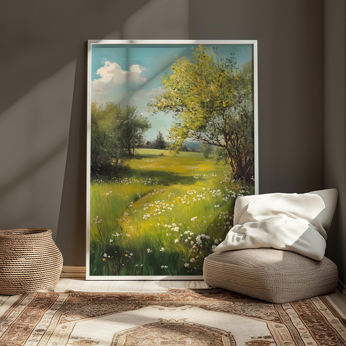 Sunny Green Meadow White Daisies Golden Path Impressionist Light Poster - Image 3