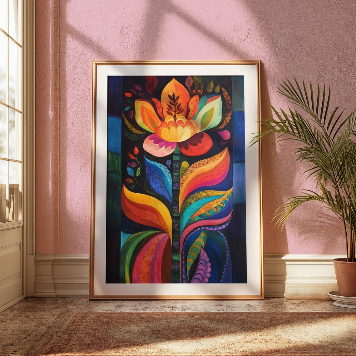Ornate Folk Bouquet Dark Background Symmetrical Floral Art Poster - Image 2