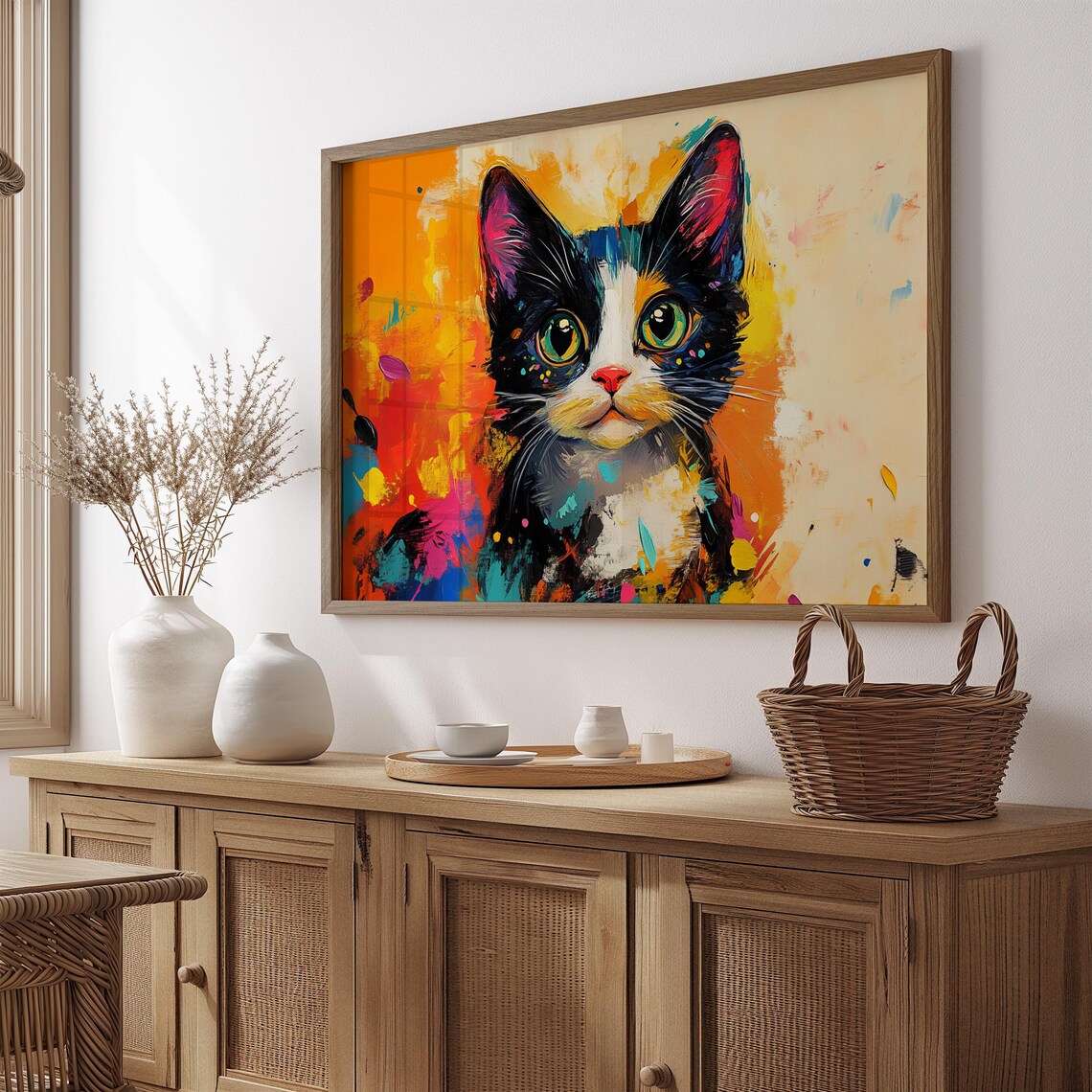 Tuxedo Cat Big Green Eyes Abstract Paint Splatter Background Poster