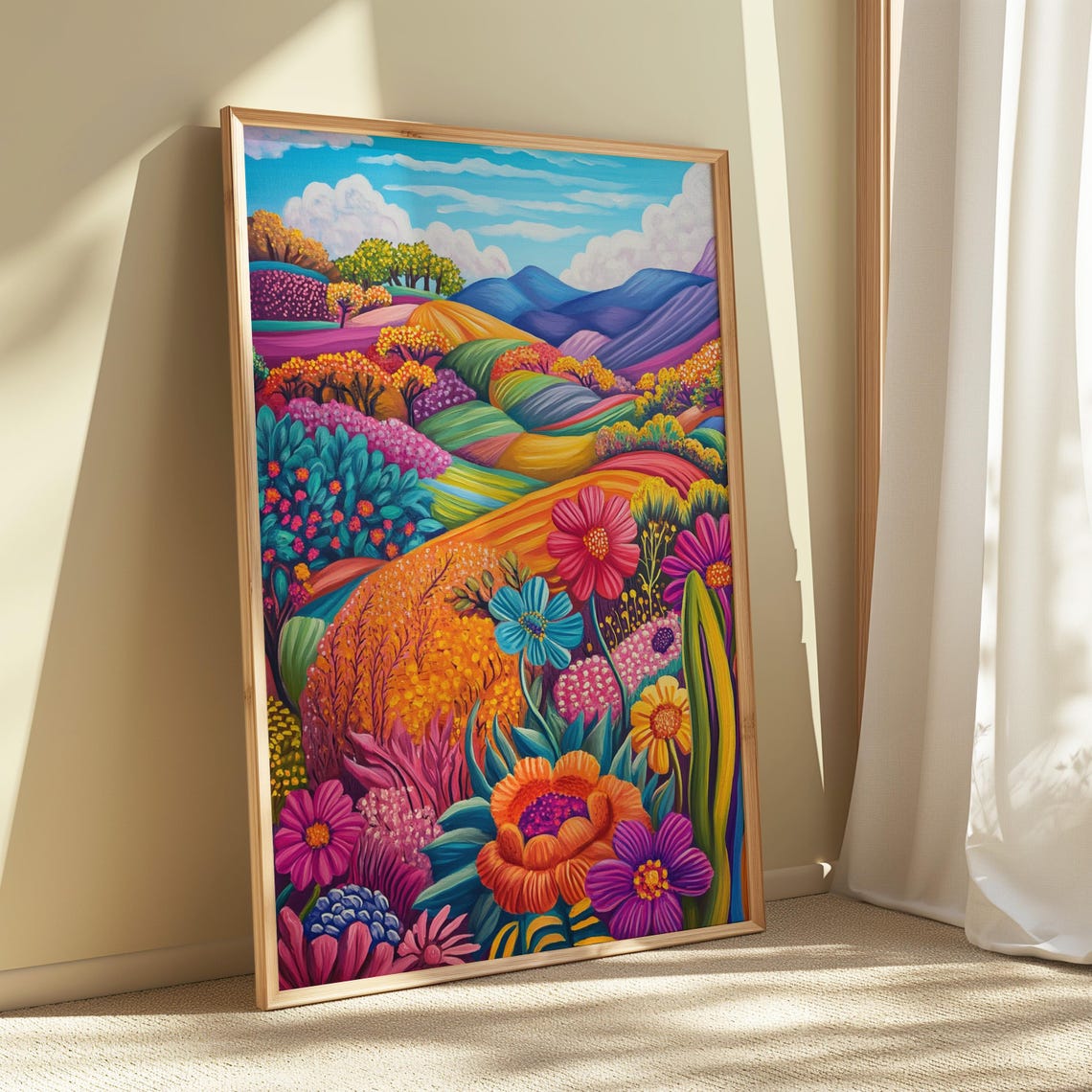 Folk Art Flower Garden Rainbow Hills Colorful Botanical Print - Image 5
