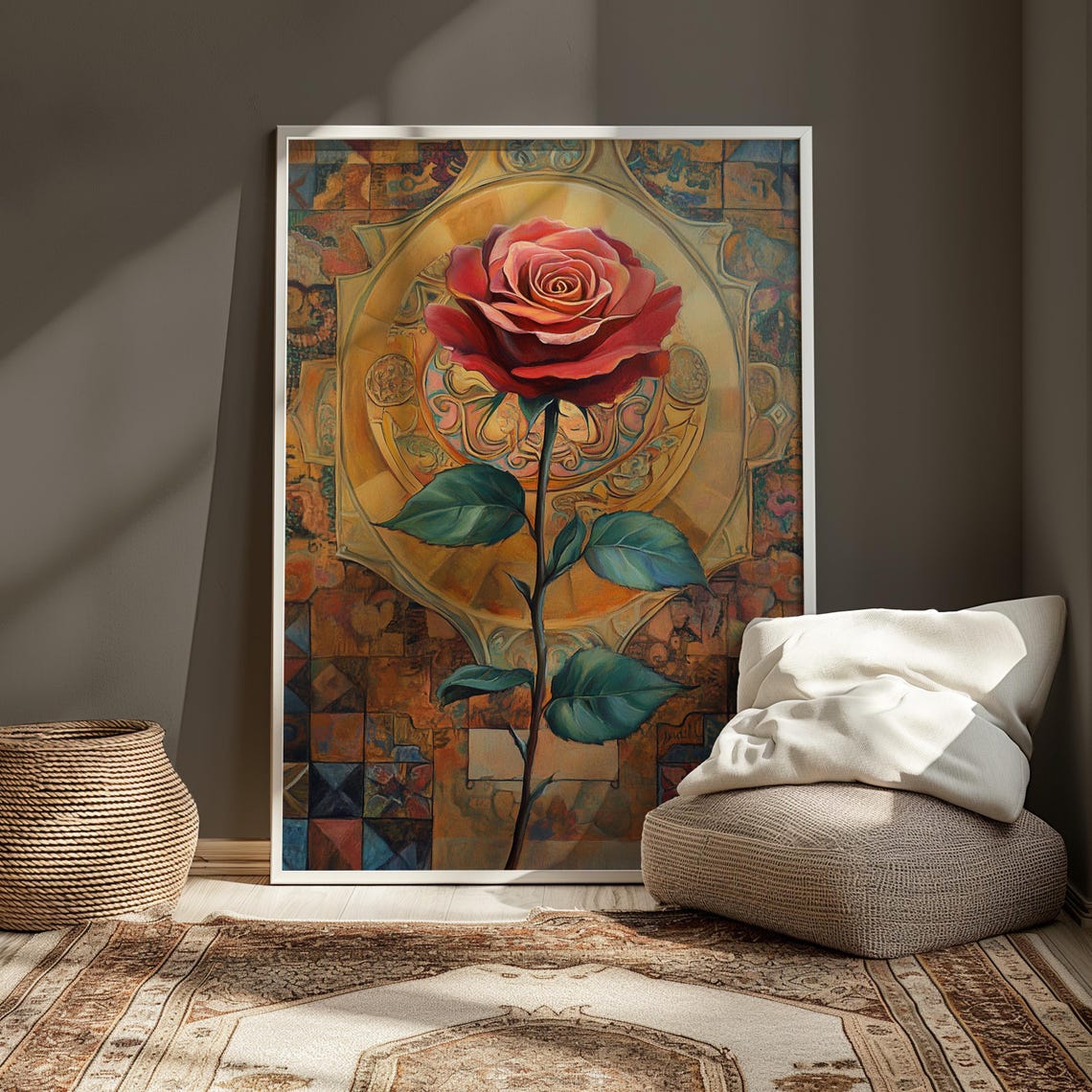 Red Rose Golden Medallion Azulejo Tile Background Romantic Poster - Image 3