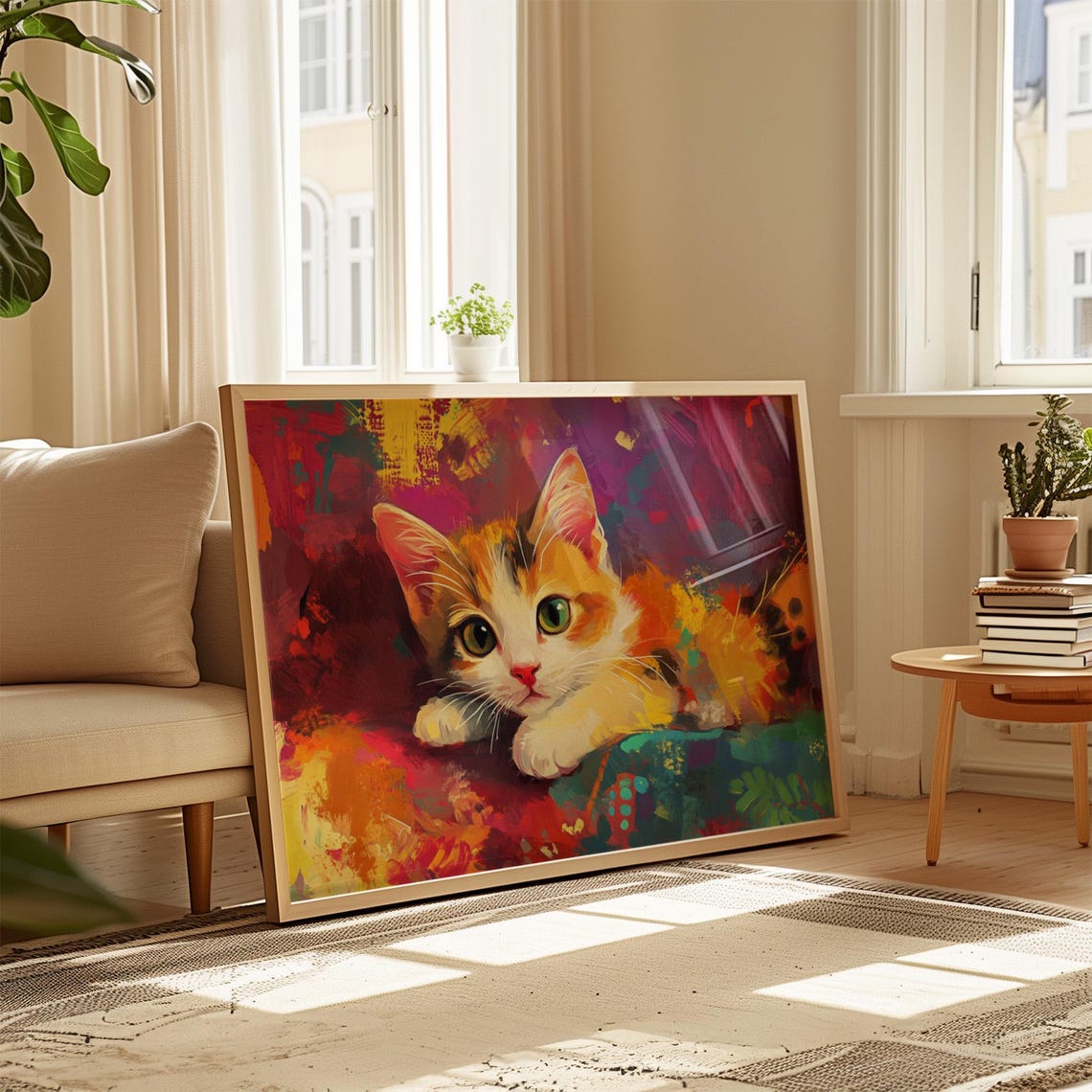 Calico Kitten Lying Down Vibrant Colorful Abstract Painting Poster - Image 4