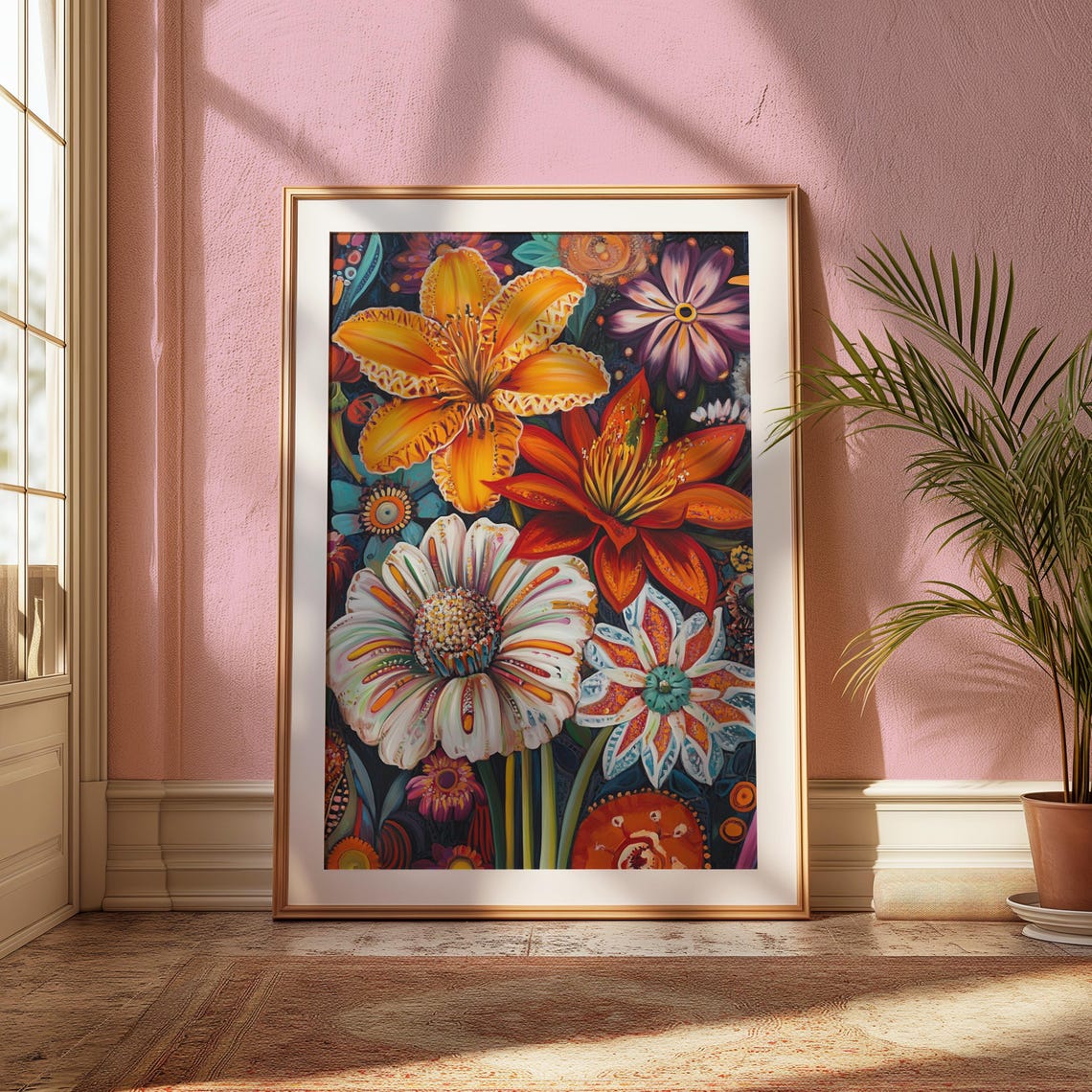 Fiery Lily Daisy Bouquet Orange Red White Floral Painting Poster - Image 2