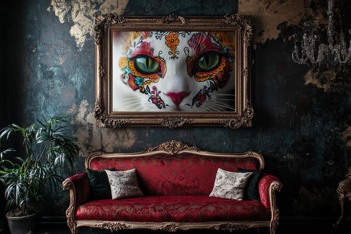Striking Extreme Close Up Sugar Skull Cat Face Green Eyes Poster - Image 2