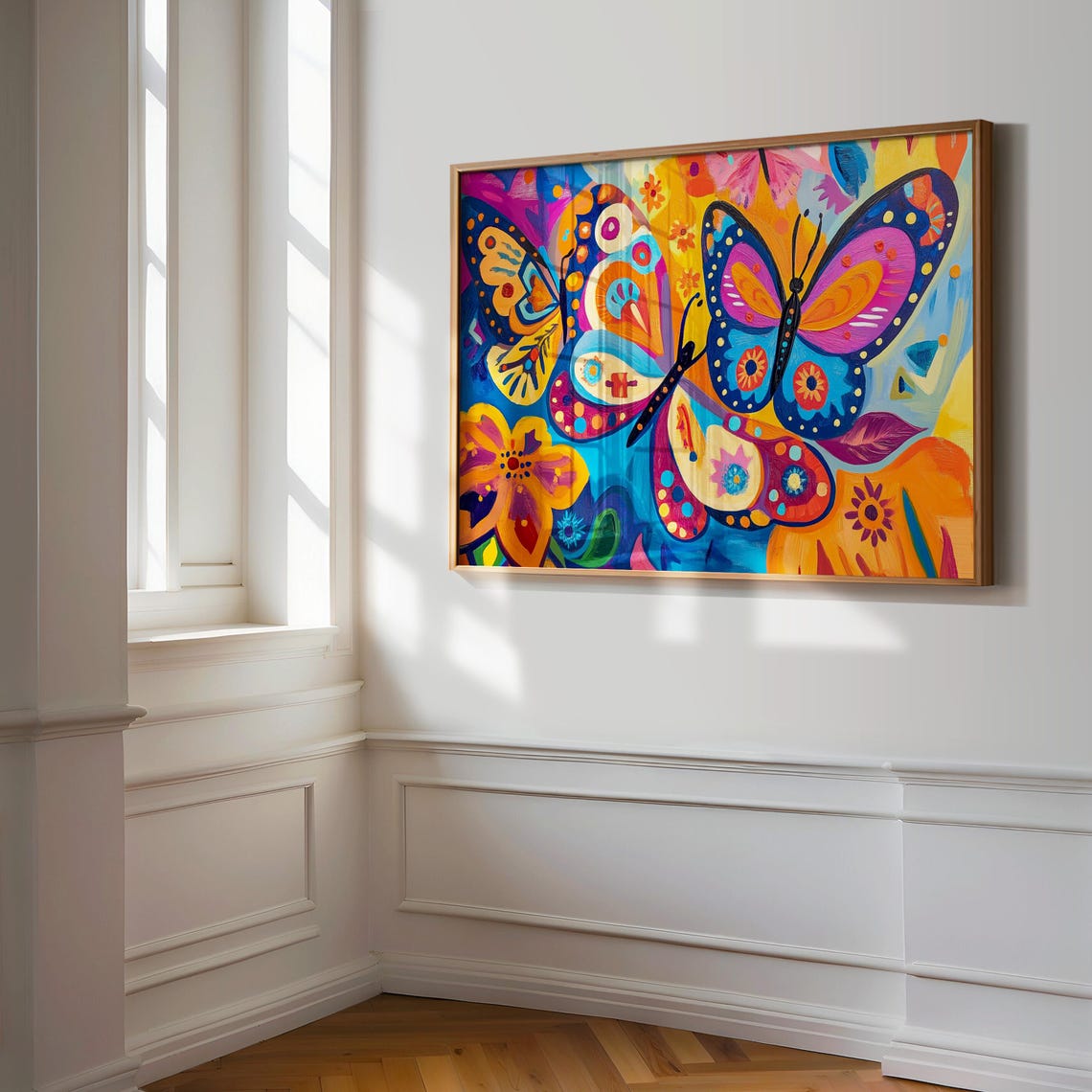 Two Large Mosaic Butterflies Blue Floral Pattern Abstract Poster - Image 3