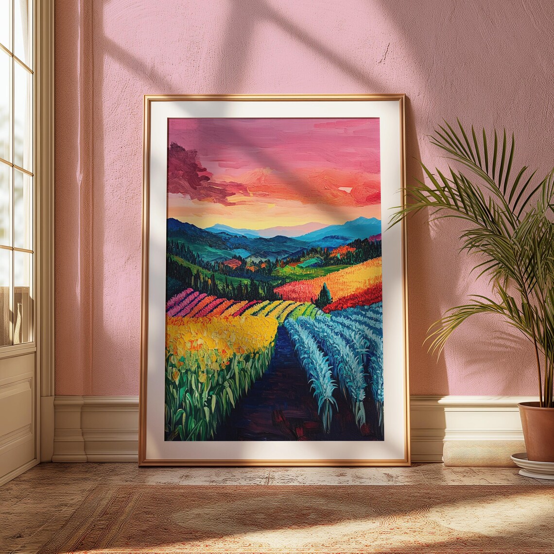 Colorful Crop Rows Pink Sunset Sky Blue Mountains Flower Field Landscape Poster - Image 2