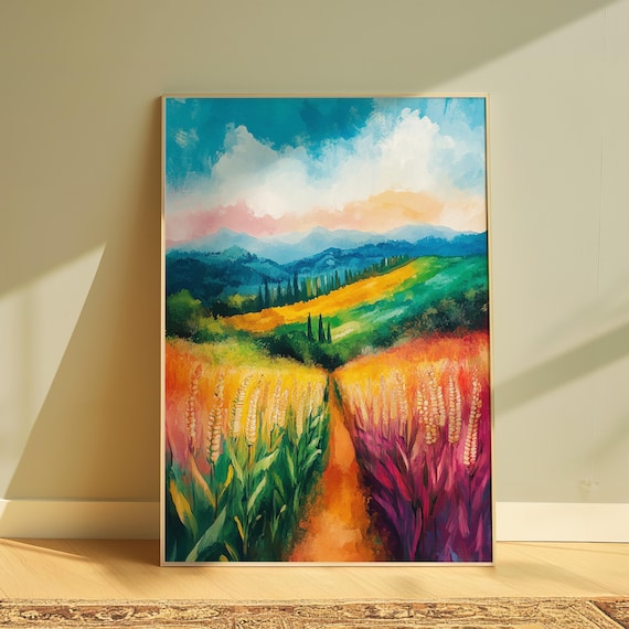 Golden Wheat Field Path Rolling Green Hills Blue Mountains Sunny Landscape Poster