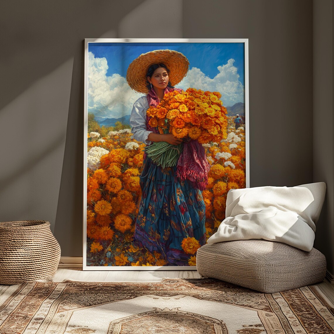 Mexican Woman Marigold Harvest Traditional Folk Art Portrait Wall Poster - Image 3