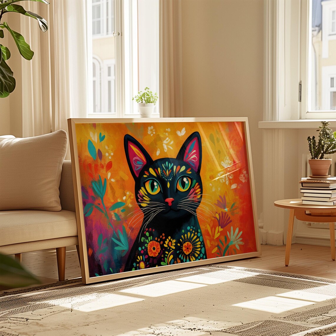Black Cat Floral Folk Art Body Golden Orange Garden Painting Poster - Image 4