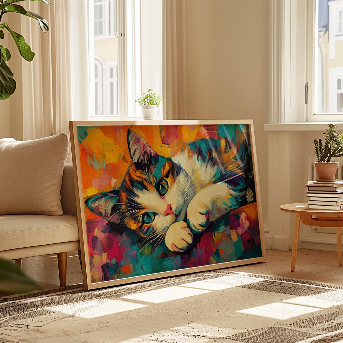 Calico Cat Resting Head on Paws Teal Eyes Abstract Colorful Art Poster - Image 4