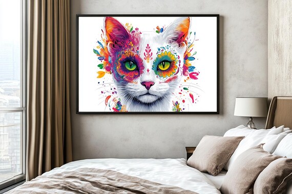 Vibrant White Cat With Pink Orange Watercolor Sugar Skull Poster