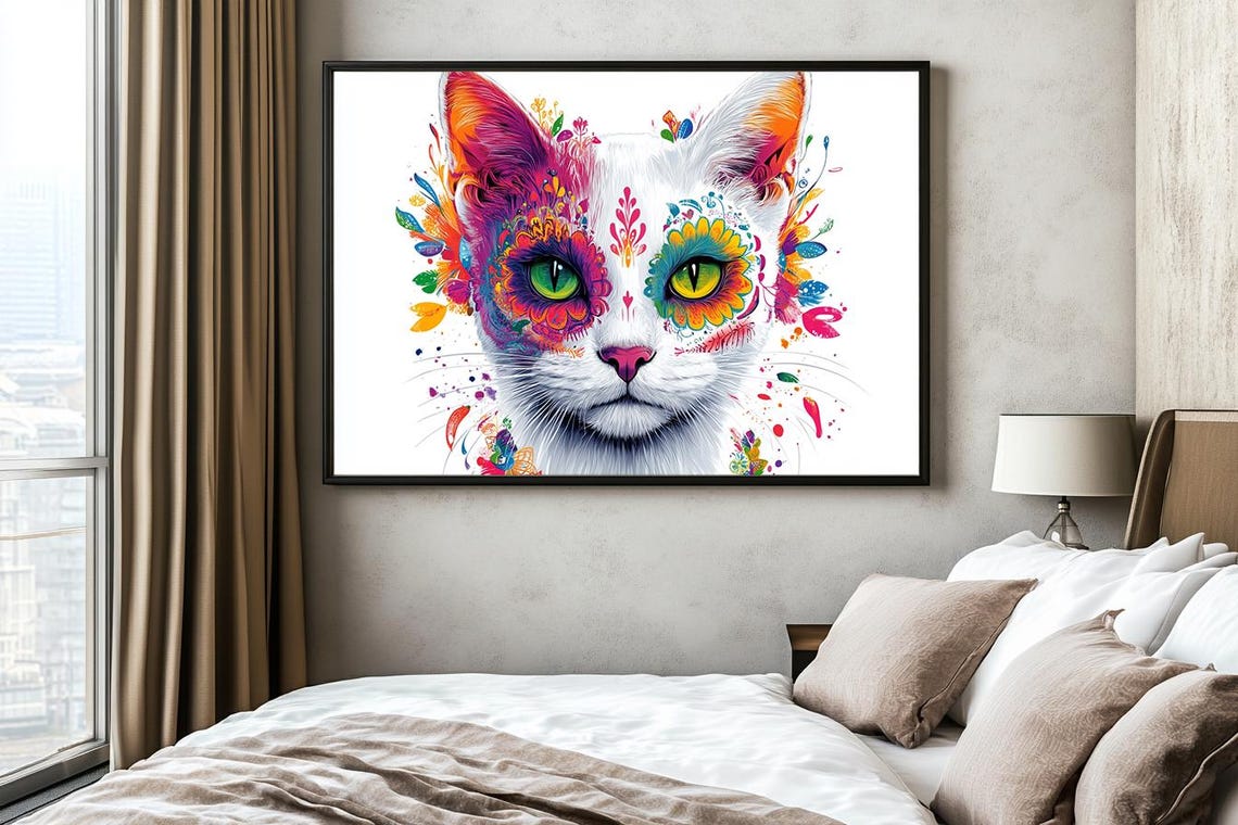 Vibrant White Cat With Pink Orange Watercolor Sugar Skull Poster