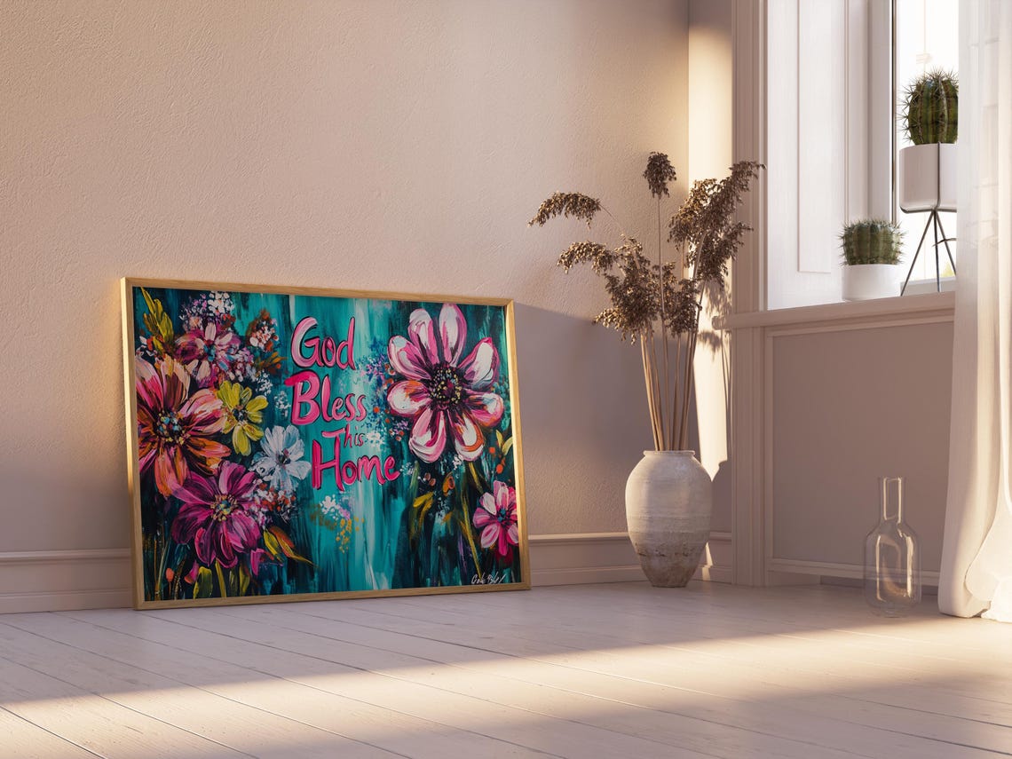 God Bless This Home Magenta Blossom Teal Painterly Brushwork Poster - Image 2