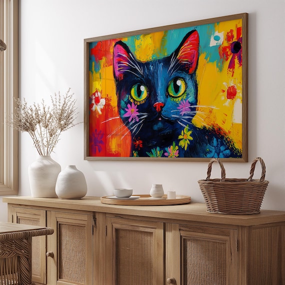 Black Cat With Painted Flowers Big Green Eyes Abstract Fiery Art Poster