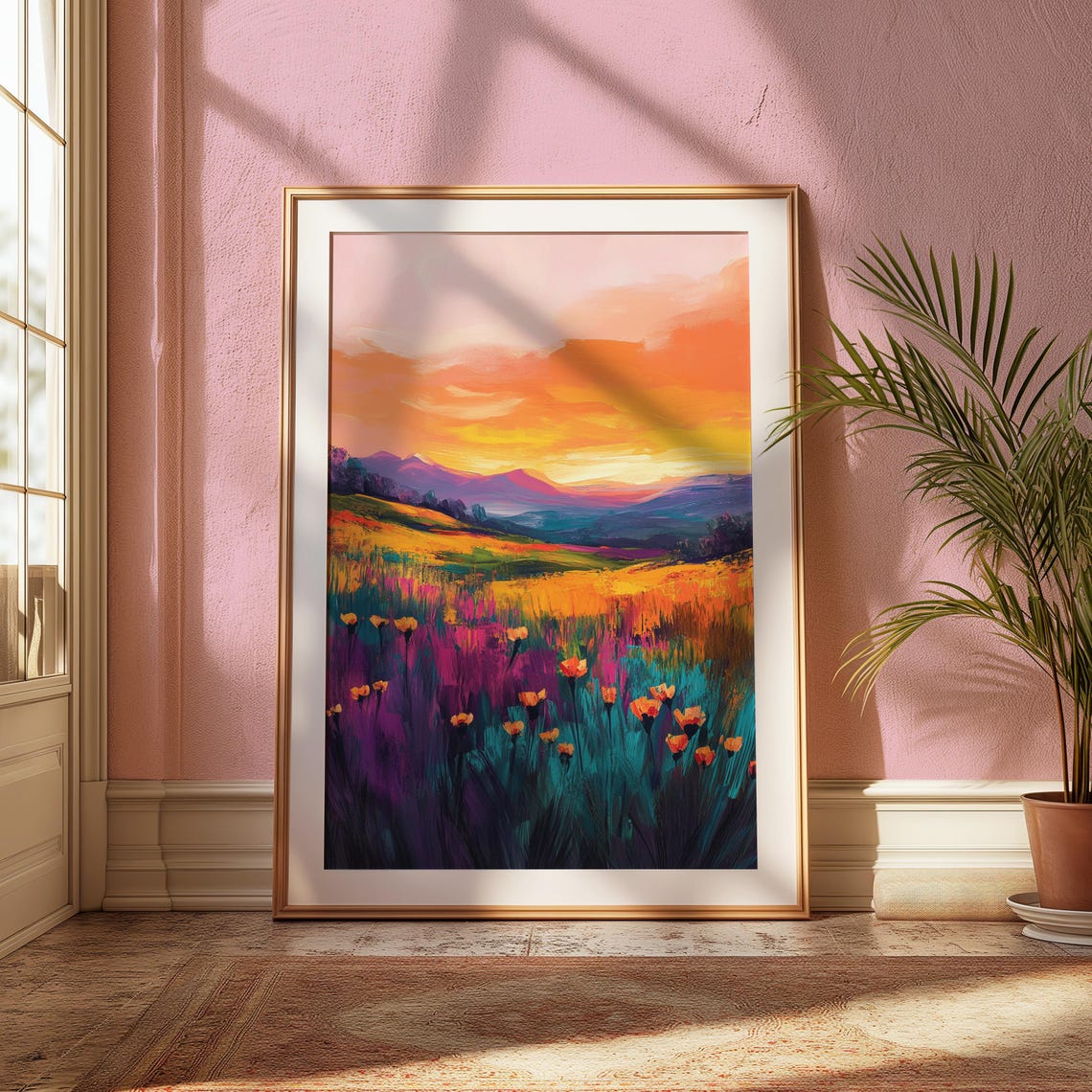 Wildflower Field Vivid Orange Sunset Purple Grasses Art Print - Image 2