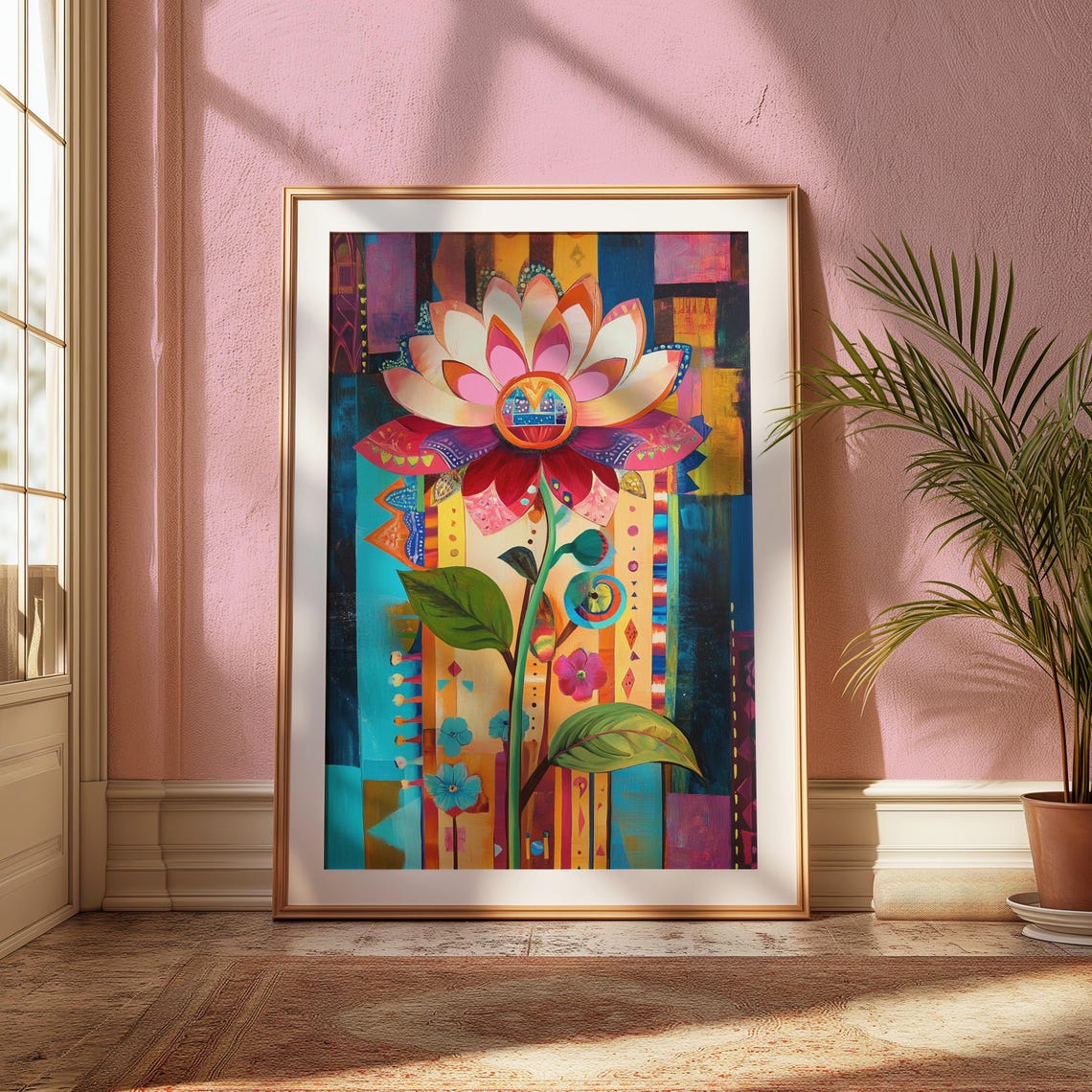 Pink Lotus Folk Art Striped Turquoise Background Botanical Poster - Image 2