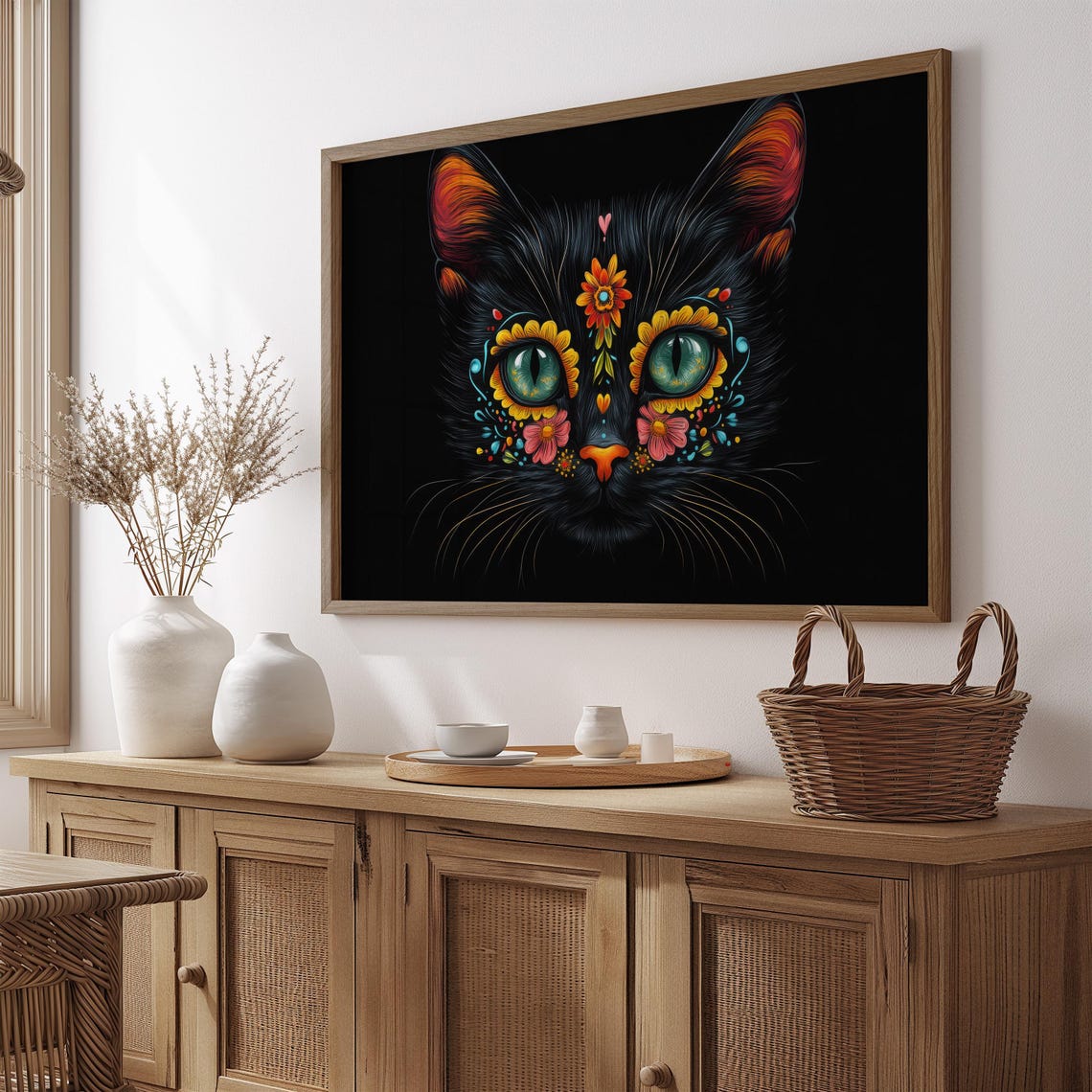 Black Cat Floral Face Marigold Bloom Green Eyes Day of Dead Wall Art