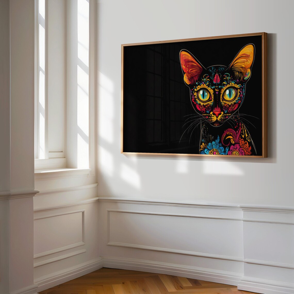 Close Up Black Cat Large Yellow Eyes Colorful Floral Day Dead Wall Art - Image 3